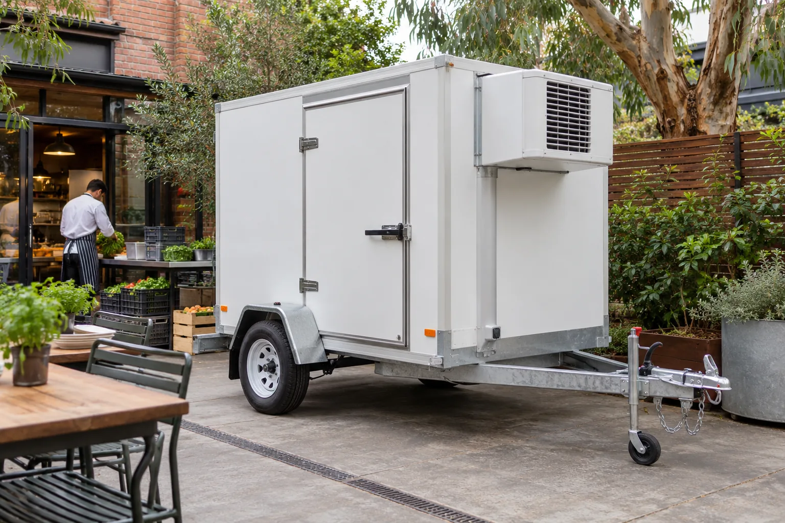 Concept image of a mobile cool room outside a commercial kitchen