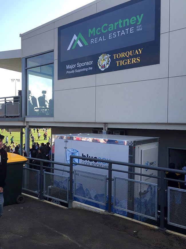 Bluebox cool room outside the football ground facilities