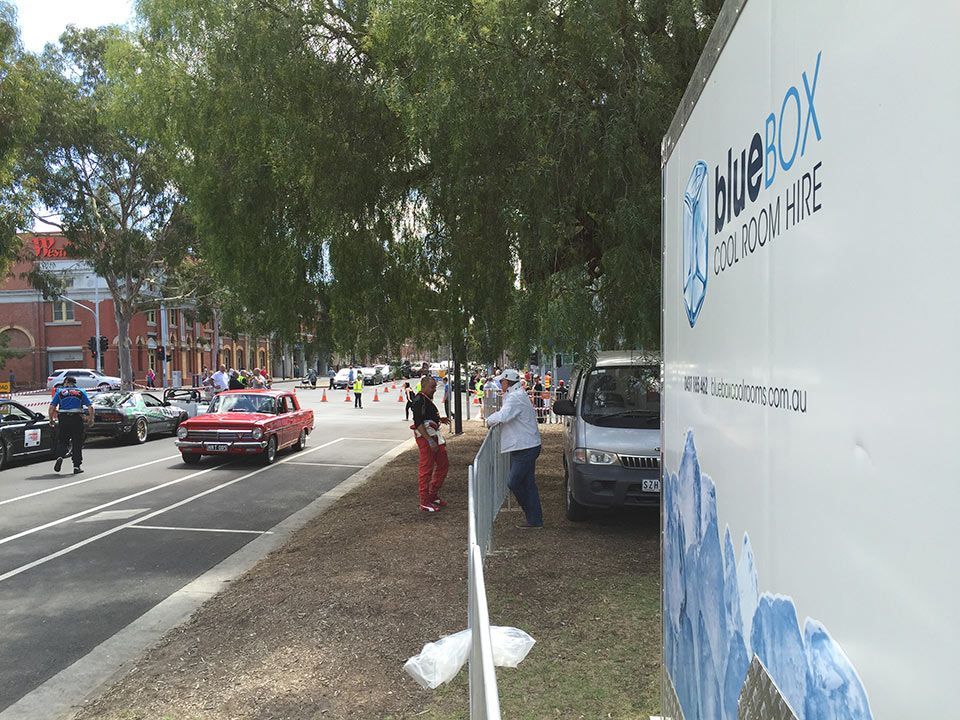 Bluebox trailer beside the Geelong Revival street course