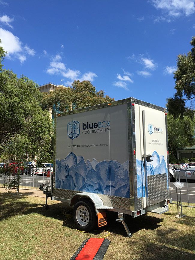 Bluebox trailer under trees near the Geelong Revival