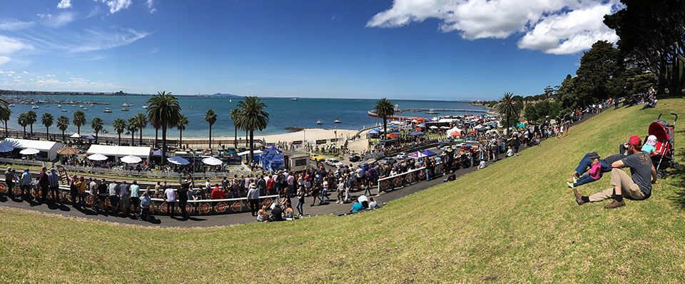 Geelong Revival event and crowd viewed from the hillside