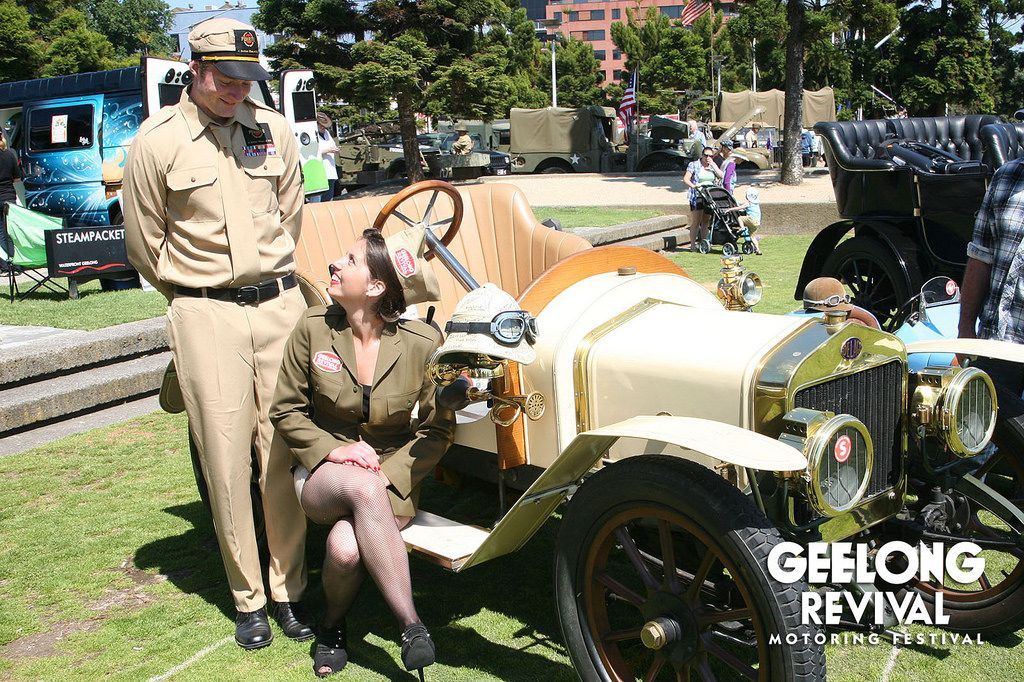 Vintage car and spectators at the Geelong Revival